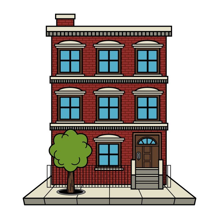 Cartoon apartment flat buildings reflected facades colored surface mirror lake vector water illustration preview