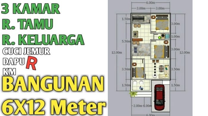 Desain rumah 6x12 tiga kamar