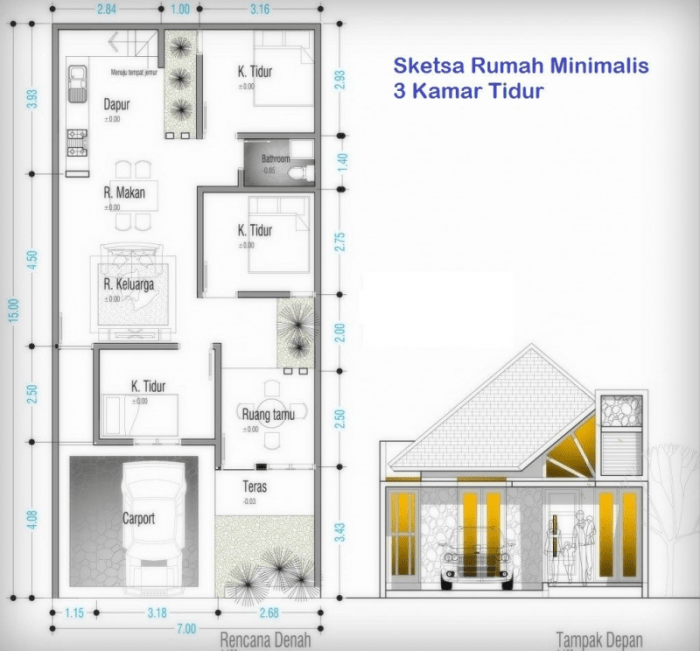 Ukuran 7x12 desain rumah sederhana 3 kamar di kampung