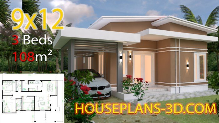 Desain rumah 3 kamar tidur ukuran 9x12